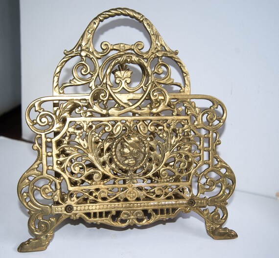 Solid Brass Desk Accessory Paper letter Holder Organizer Vintage Brass Magazine or Brochure holder for Office