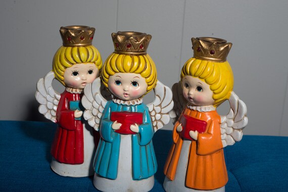 1960s Paper Mache Angel Candle Holders mid Century pop with Original Box Retro MCM Christmas Decorations Angels