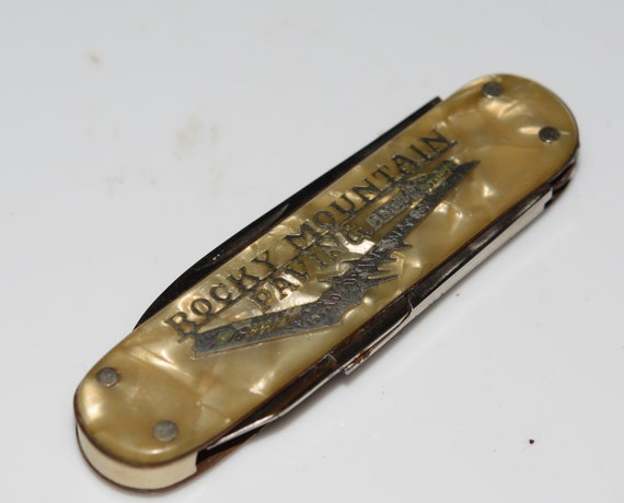 Vintage Advertising 1950s Rocky Mountain Paving from Highway to Driveway Mother of Pearl handles folding pocket knife transportation