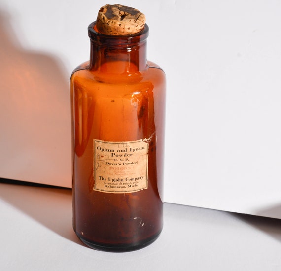 Empty Antique Pharmacy Bottle Apothecary Upjohn Dovers Powder Empty Bottle Brown Illinois Glass bottle