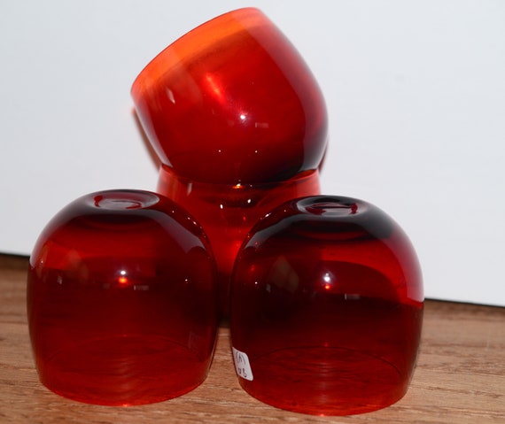 Set of 4 Hand Blown Art Glass Red Roly Poly 4 oz Cocktail Glasses Ruby Red to Orange Vintage 1960s Barware