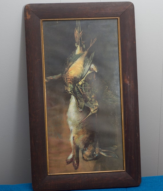 Antique Framed Game Print Rabbit, Hare , Pheasants Hunting Print Wood Frame Hunting Lodge Farm Print