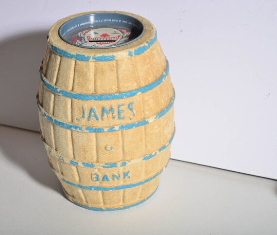 Vintage James Candy Paper Mache Clown Coin Bank Barrel 7.5 inches Original 1940s
