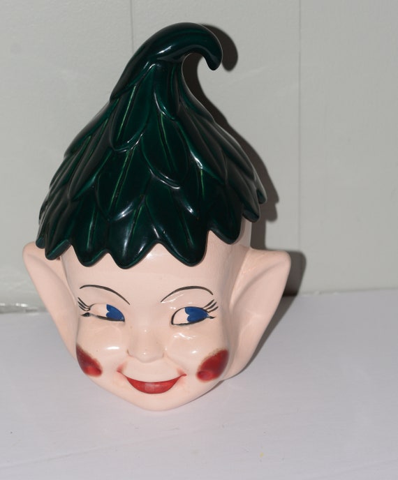Vintage 1950s Pixie Elf Fairy Cookie Jar with Pink Cheeks and Gree Lid Retro Kitchen Hand Decorated