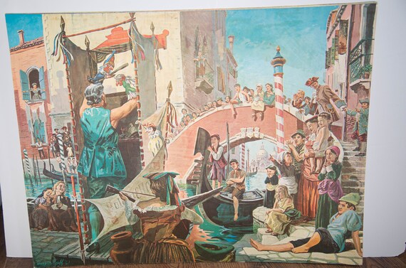 Saratoga Summer Theater Harper Goff Disney Animator Print Italian Scene Punch and Judy canals Puppet Show Venice Gondola scene 1961