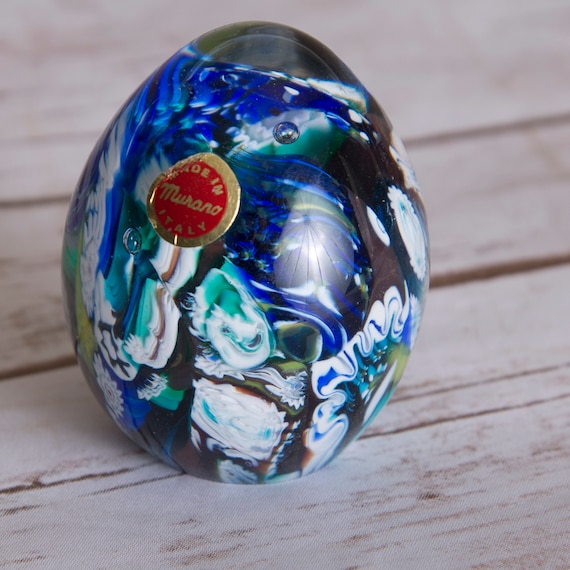 Murano Italian Glass Scramble paperweight Blues , Greens, Ocean Colors original Label Art Glass Egg shaped World Earth Ocean Look