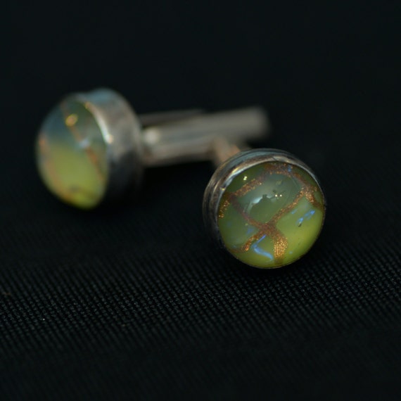 Sterling Cufflinks Taxco, Mexico sterling Very unsual Mid Century Men's Dress Accessories Yellow Green with gold veins,