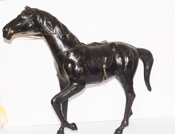 Huge 23 Inch Leather Wrapped Horse Model Vintage Leather Sculpted English Riding Horse Mid Century to 1970s Well Detailed