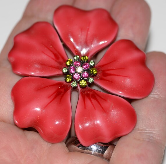 Big bold Enamel and Rhinestone 1960s 70s Flower Brooch Pin. Free ship US Price includes shipping
