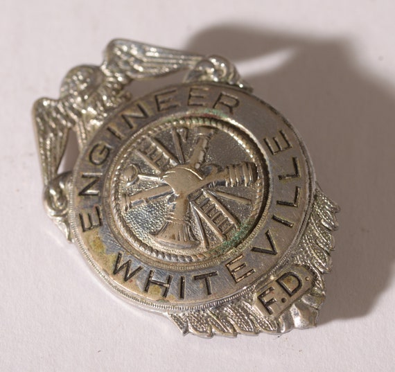 Vintage obsolete Fire Dept Badge Whiteville, NC Engineer Silverton 1950s Fireman Badge Antique