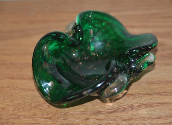 Vintage Green and Gold Controlled bubble Art Glass Hand Blown Ash Tray or Bowl 1970s