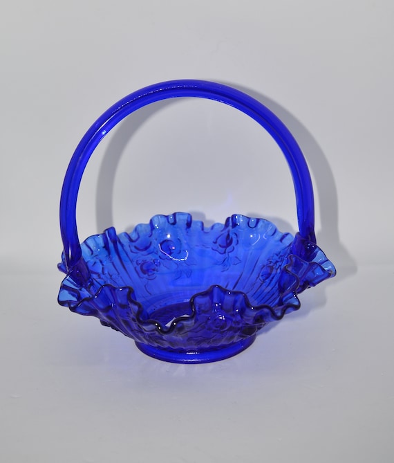 Vintage Fenton colonial Blue Rose Ruffled Glass Brides basket
