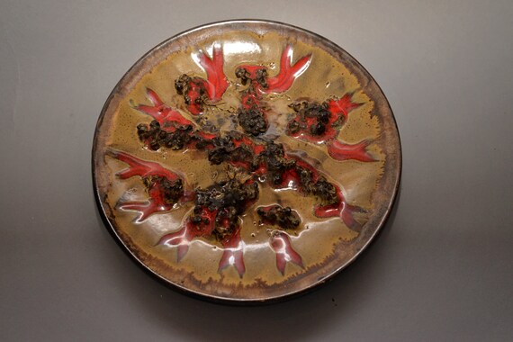 Iceland Icelandic Glit Pottery Mid Century Lava Glazed Wall Plate 8 inches Fire Orange and Lava drips Scandinavian