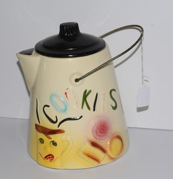 American Bisque Coffee Kettle Cookie Jar 1950s Original with Metal Handle Coffee cup and cookies painted Black Lid Vintage Cookie Jar