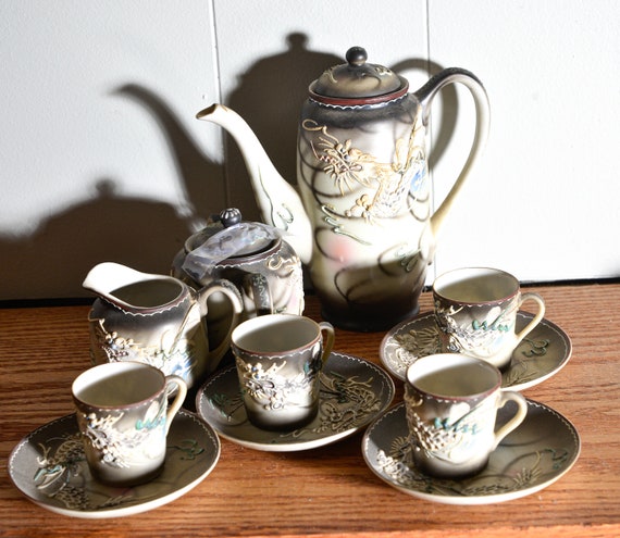 Occupied Japan Dragonware Enameled High Relief Demitasse Cup Tea set Service for 4 1940s High Relief, Black Grey Blue and Pink Dragons