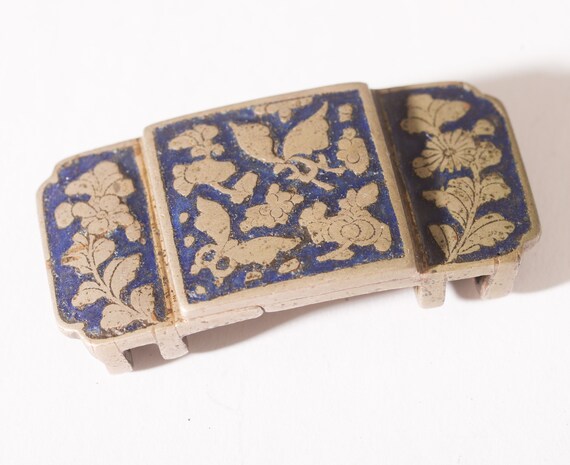 Antique Asian Art Nouveau Enamel Cloisonne Antique Belt or Sash Buckle Butterflies Cobalt blue Hand hewn free ship
