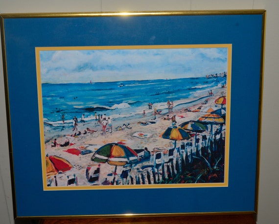 Beautiful Beachscape Beach Scene Limited Edition signed print Nina Azure Water and colorful umbrellas