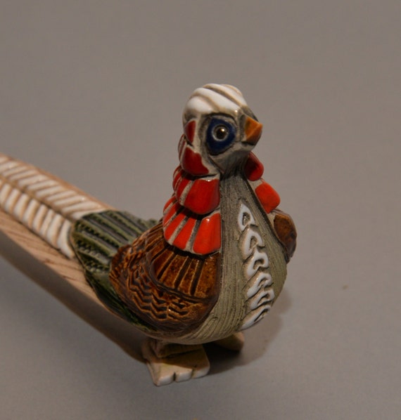 Uruguay Artesania Rinconada Handmade Figurine. Beautiful Pheasant Bird Clay Figurine Hand Made colorful Bird