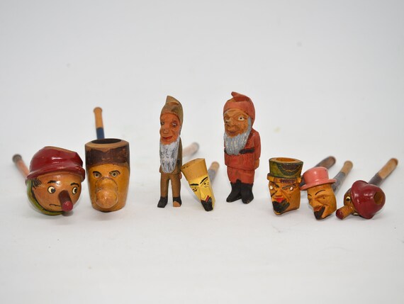 On Sale Vintage Estate tobacco pipes Characters, Gnomes, Folk Art, Grotesque Cherry Wood Austria Germany