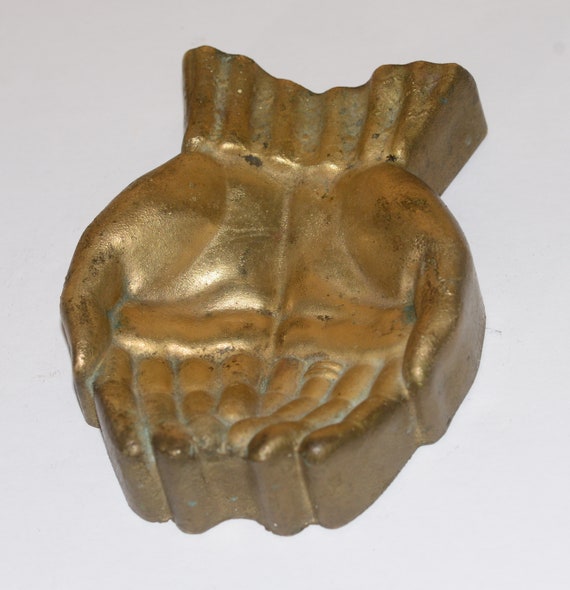 Solid Metal Brass or Bronze Open Palm Hand Dish Card holder or Ashtray VERY heavy Vintage Metalworks trays