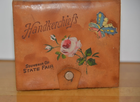 State Fair Leather Covered Handkerchief Hankie Box Buttefly embossed Found in NY Barn Sale Stash Box