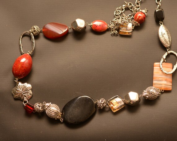 Gemstone polished Stone and silver tone eclectic Vintage Necklace, amber,black, warm tones