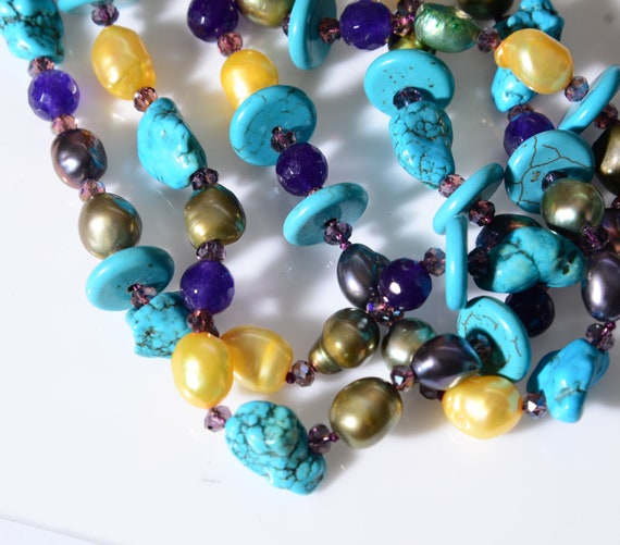 Vintage Glass and Pearlescent Bead Necklace hand strung, chunky beads of Turquoise , Purple, Gold and Silver beautiful Colorful Rich Costume