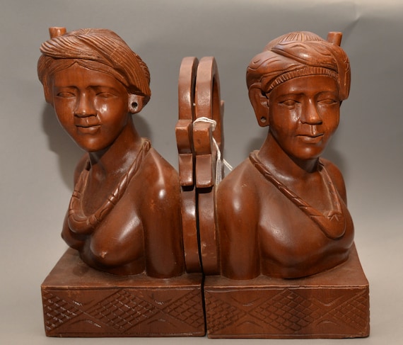 Heavy Carved Womens Bust Bookends Carved wood Bali Indonesian Folk Art Book Ends