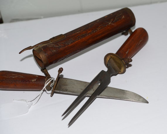 Carved 1960s Inida Wood Sheathed Carving Set Hand Forged Knife and Fork Carved wood Stand/Holder