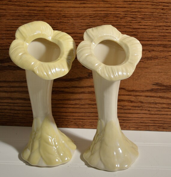 Pair of Belleek Vases Trumpet Flowers 6th Green mark 1965-1980 opalescent finish 7 inches