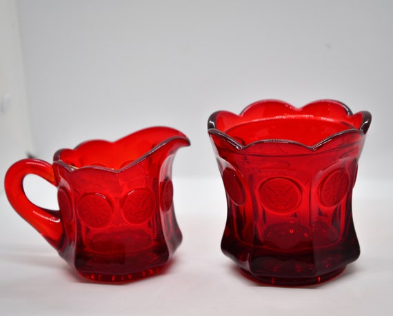 US Coin Pattern Glass Pressed Glass Creamer and Sugar Christmas Red Vintage Glassware Great Gift or for Chrsitmas Dining