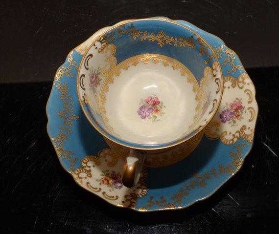 hutschenreuther Germany China Espresso Cup Demitasse Blue and gold with Roses Delicate Tea Cup