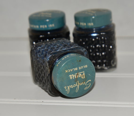 3 bottles of shaeffers blue black permanent ink faceted bottles full