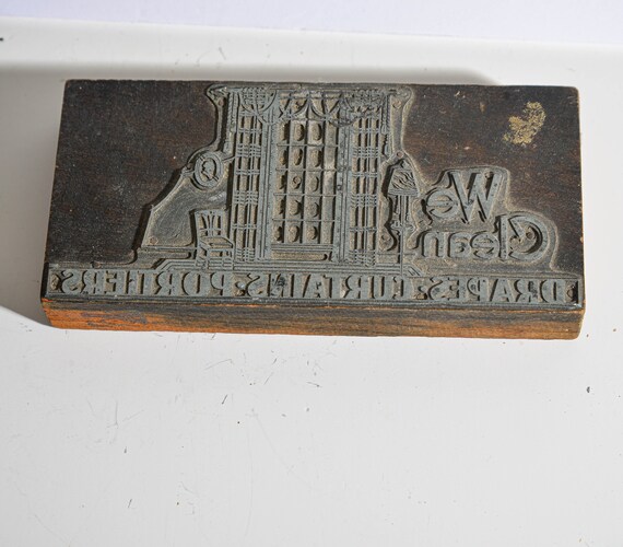 Art Deco Printing Block Letterpress Print block Dry Cleaners With Great Architecture Advertisment printing press Antique