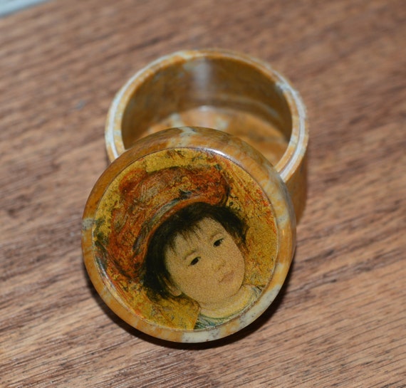 Vintage Trinket Box Stone Asian Chinese Child on Lid Miniature Stone Box 1990 2x1.75 inches Adorable child's portrait