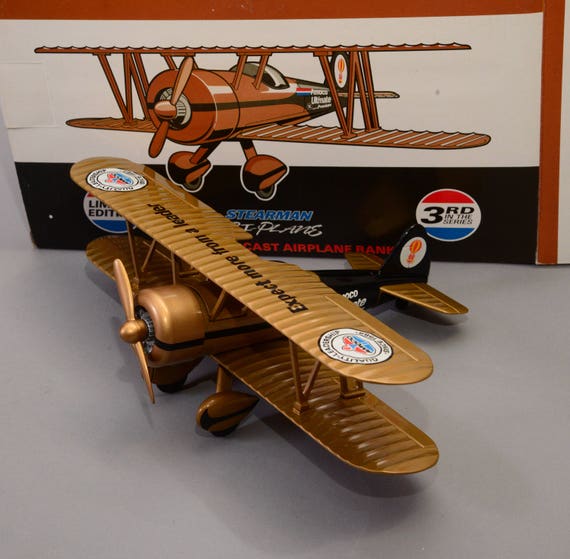 Amoco Bi Plane Gold Die Cast Bank Stearman 1927 Wing Walker Model Plane Advertising 3rd in Series Spec Cast