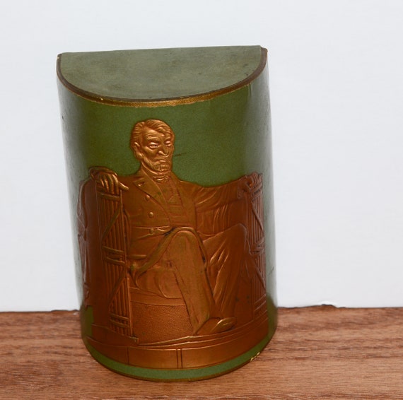 Leather Wrapped Vintage Green Lincoln Bookend Heavy Embossed Copper