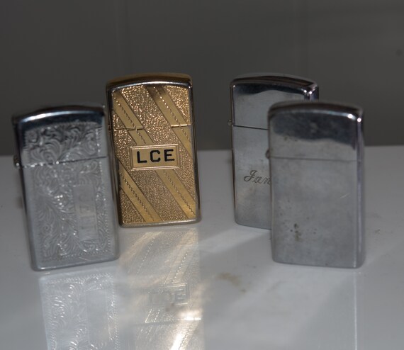 Lot of Vintage Slimline lighters oldest 1978-1986 Gold Tone, Machine Engraved, Monogramed Great collection