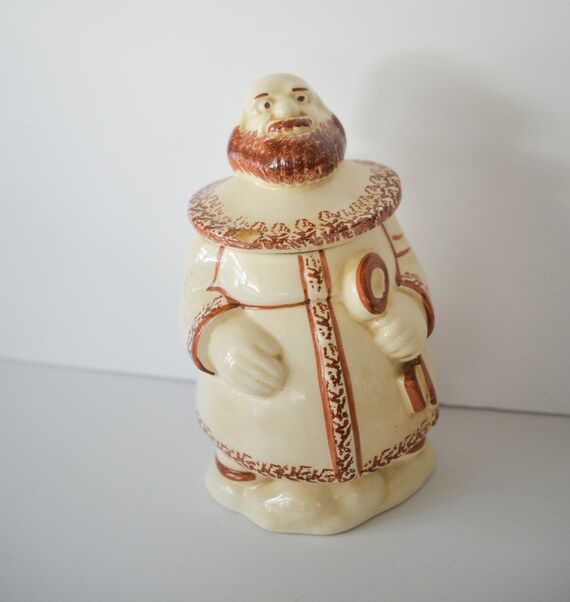 Vintage Pottery Cookie Jar Unusual Monk with Key Unknown Maker Hand Decorated Brown And white