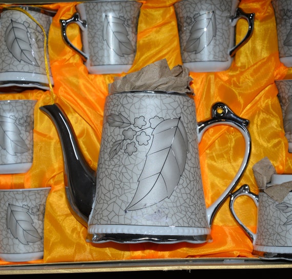 On Sale Service for 6 Tea Boxed Complete Silver and White Porcelain Tea Set Vintage Serving Wear Leaves and berries pattern Formal Tea
