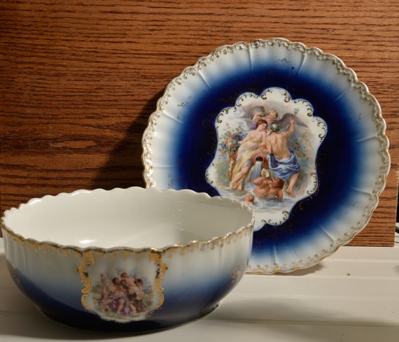 Royal Bavarian China PMB Romantic Mythical Scene Bowl and Under Plate Beautiful antique Porcelain set Cherubs and Gods