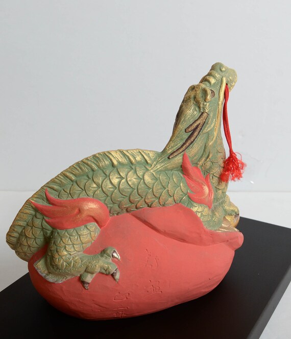 Genuine Signed Hakata Doll dragon rare Dragon Clay Figure Japanese with Association Sticker and Base Military Family Estate Beautiful Colors
