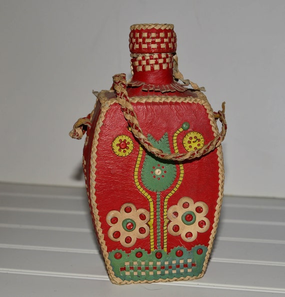 Vintage yugoslavia Leather Decorated Flask Bottle Bright Red Folk Art