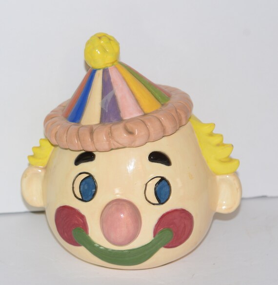Colorful Vintage Clown Cookie Jar Hand painted 1960-70 Circus Theme scary Clowns Happy Clowns Cookie or Biscuit Jar