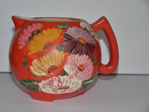 Ransburg Pottery Pitcher Marked - Dahlias Hand painted Bright Orange Country Kitchen