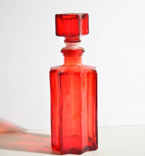 Red Washed Perfume or Scent Bottle with Stoppered Lid Vintage Glass Red Bottle
