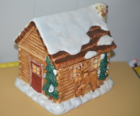 Log Cabin Moose Bear Cookie Jar by Bico 1990s Ceramic Cookie Jar for Lodge or Cabin Mountain Home