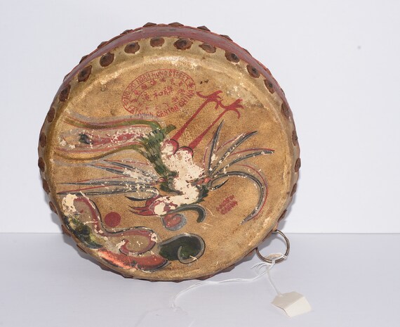 Antique Chinese Drum Fatshan Canton Tourist Souvenir 1920s Two Sided Drum Percussion instrument War Drum