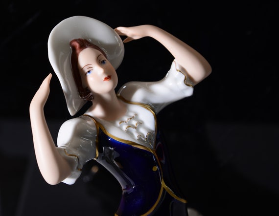 Cobalt Blue 1930s Woman Holding her Hat, Royal Dux Bohemian Porcelain figurine Czech Republic
