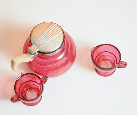 Pink Kent Cory Glass 1960s Coffee Pot Set with Creamer and Sugar Silex, Glass stovetop Coffee Ruby Retro Glass